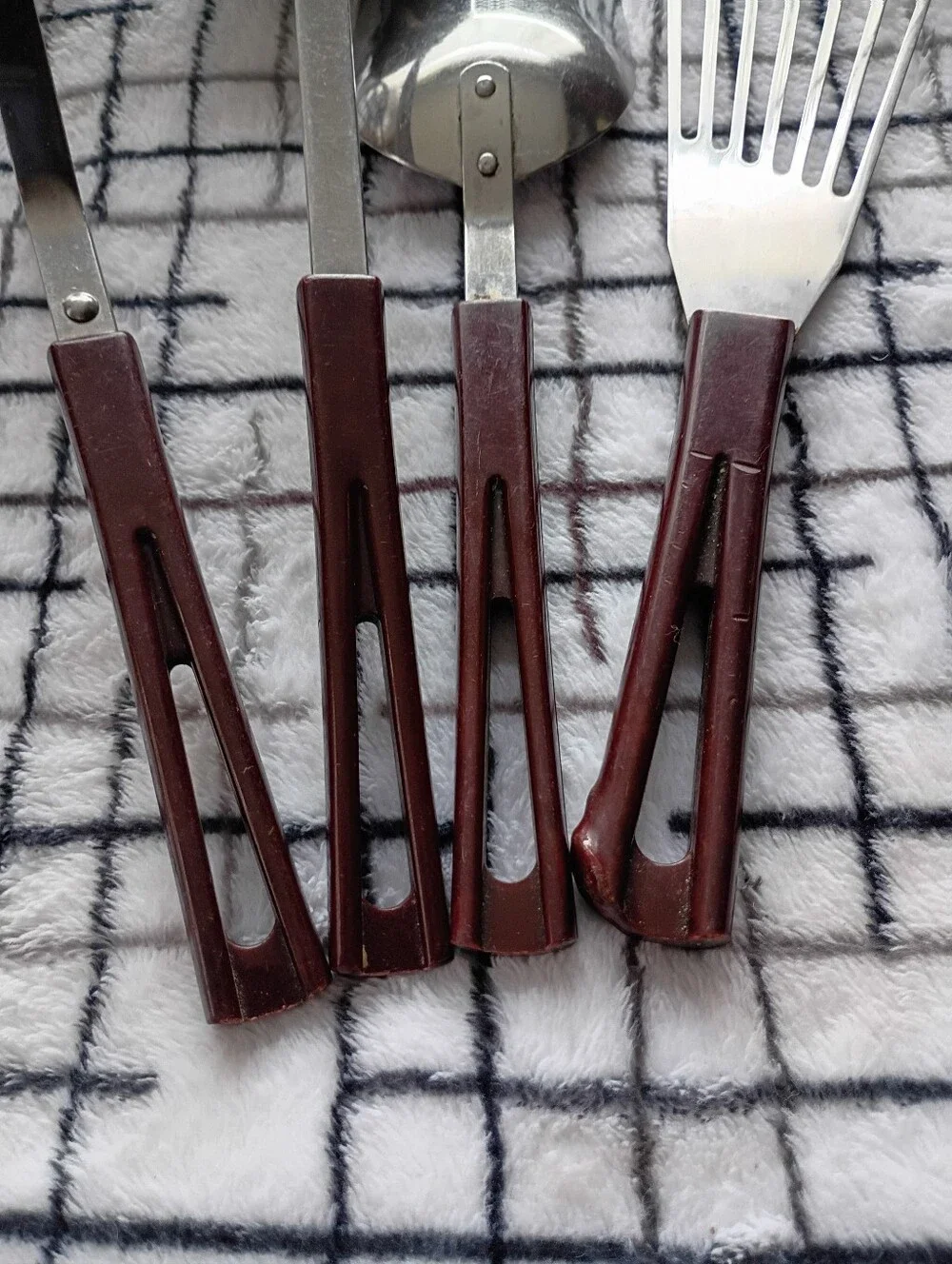 50s 60s Stanhome Vintage Stainless Steel Kitchen Utensil Set with Brown Handles